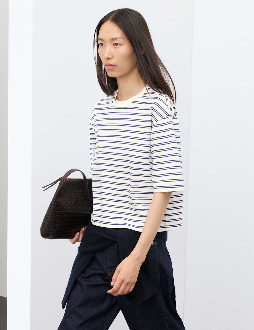 Autograph Women's Pure Cotton Striped Relaxed T-Shirt - 16 - Blue Mix
