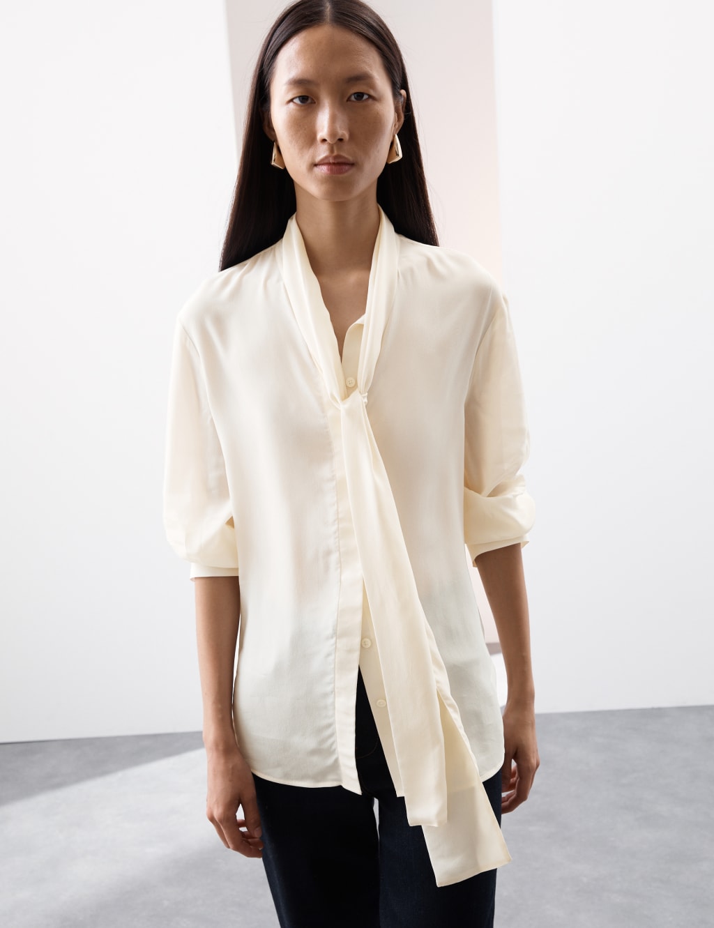 Silk Blend Tie Neck Button Through Blouse