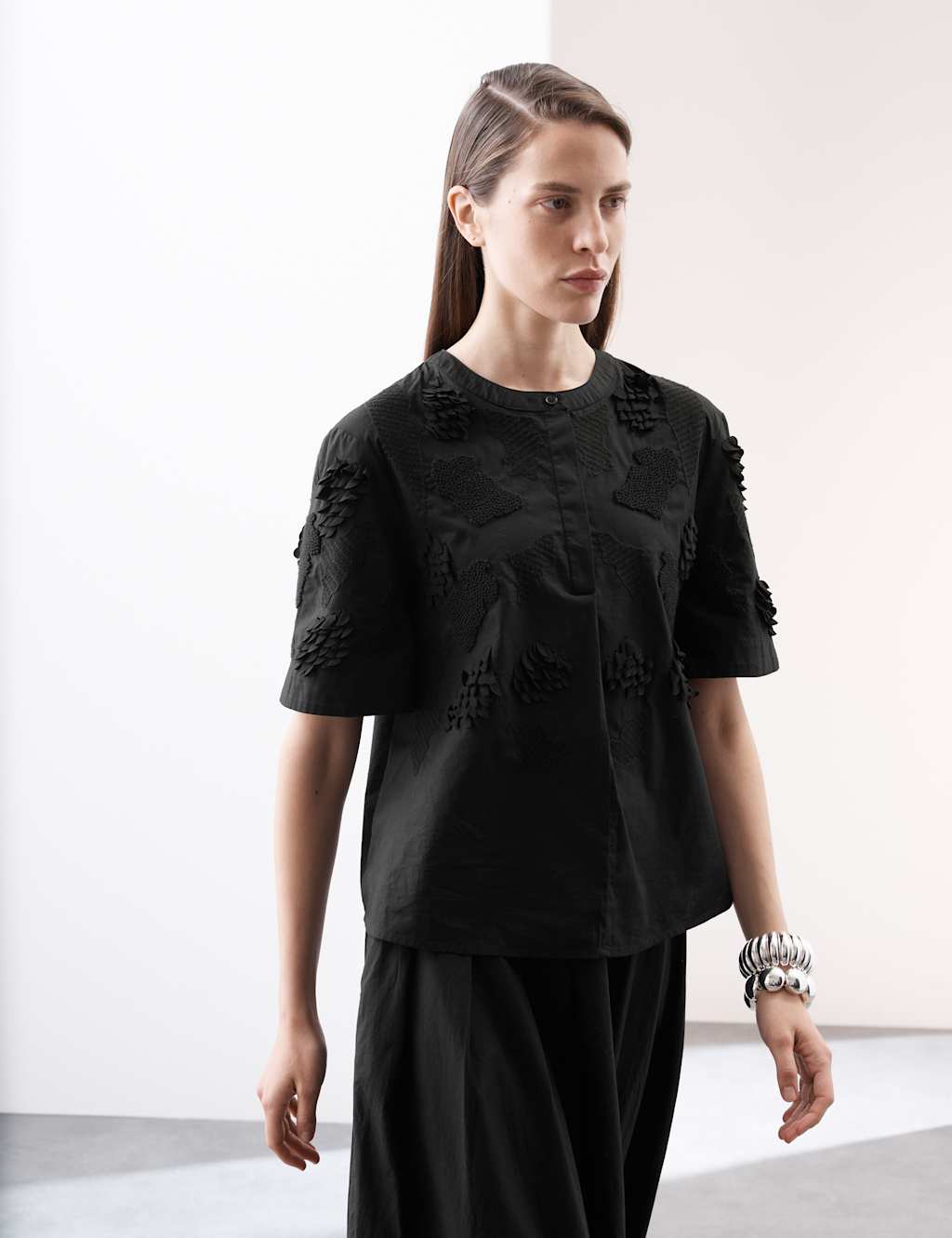 Pure Cotton Embroidered Round Neck Short Sleeve Blouse