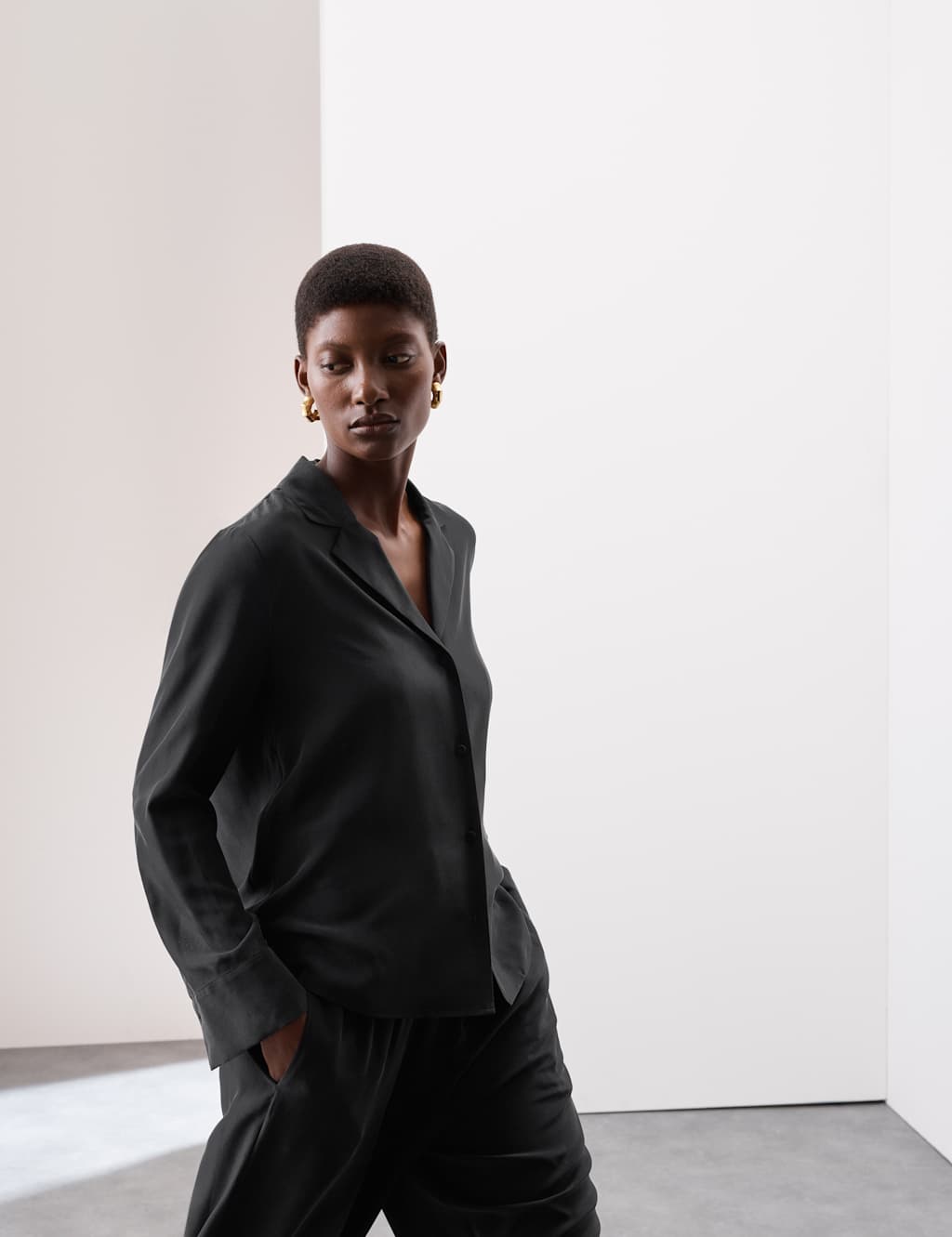 Autograph Pure Silk Collared Button Through Blouse Black