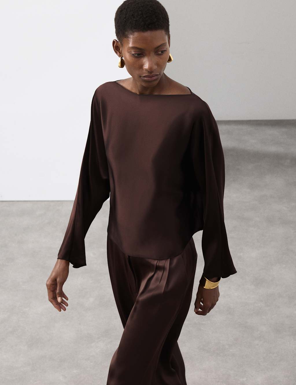 Autograph Satin Draped Slash Neck Blouse Chocolate