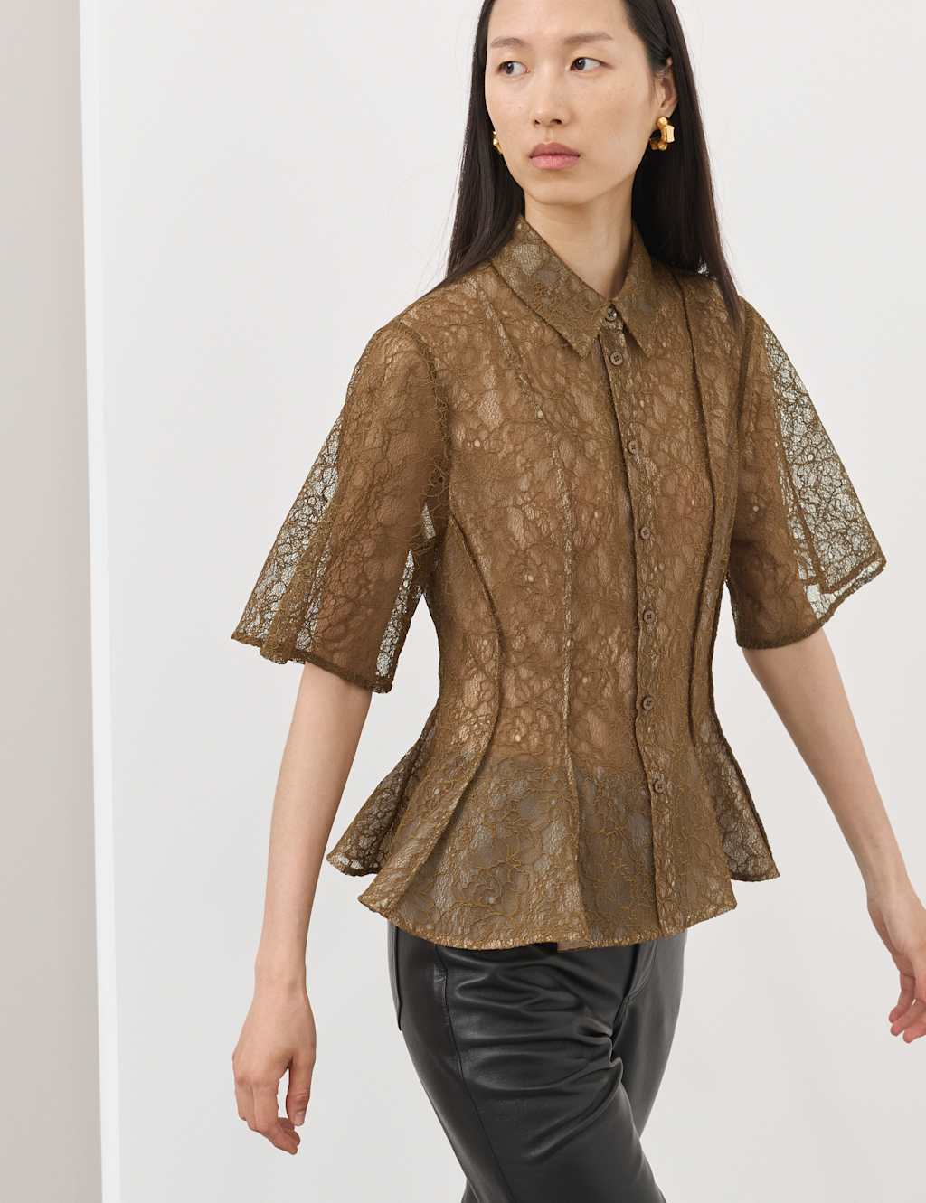 Autograph Women's Lace Collared Waisted Shirt - 12 - Moss