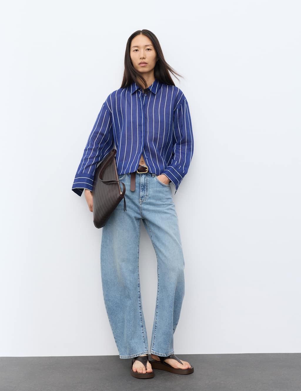 Autograph Women's Pure Ramie Striped Collared Shirt - 14 - Blue Mix