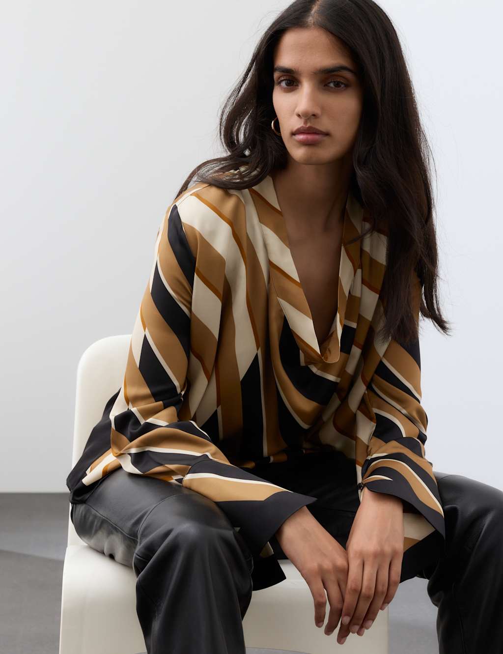 Autograph Women's Striped Cowl Neck Blouse - 6 - Brown Mix