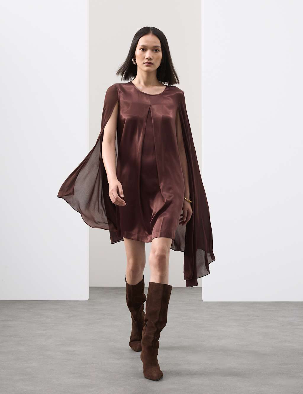 Autograph Cupro Rich Cape Detail Mini Dress Dark Brown