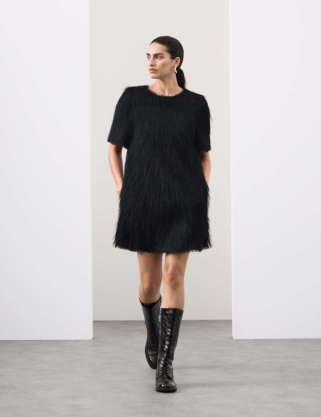 Autograph Fringed Mini Shift Dress Black