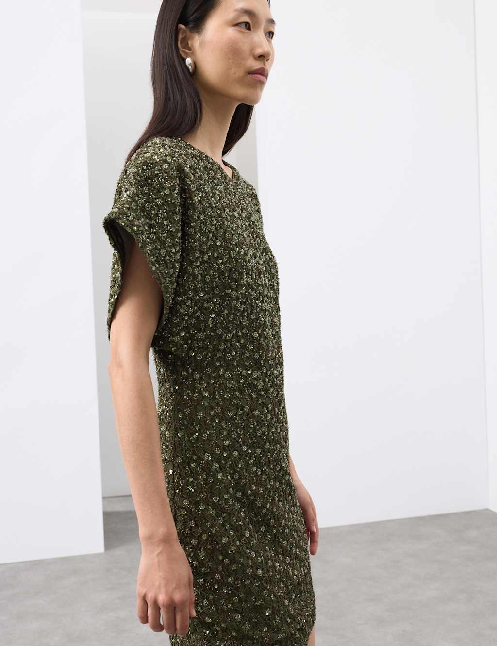 Autograph Beaded V-Neck Mini Fitted Shift Dress Khaki