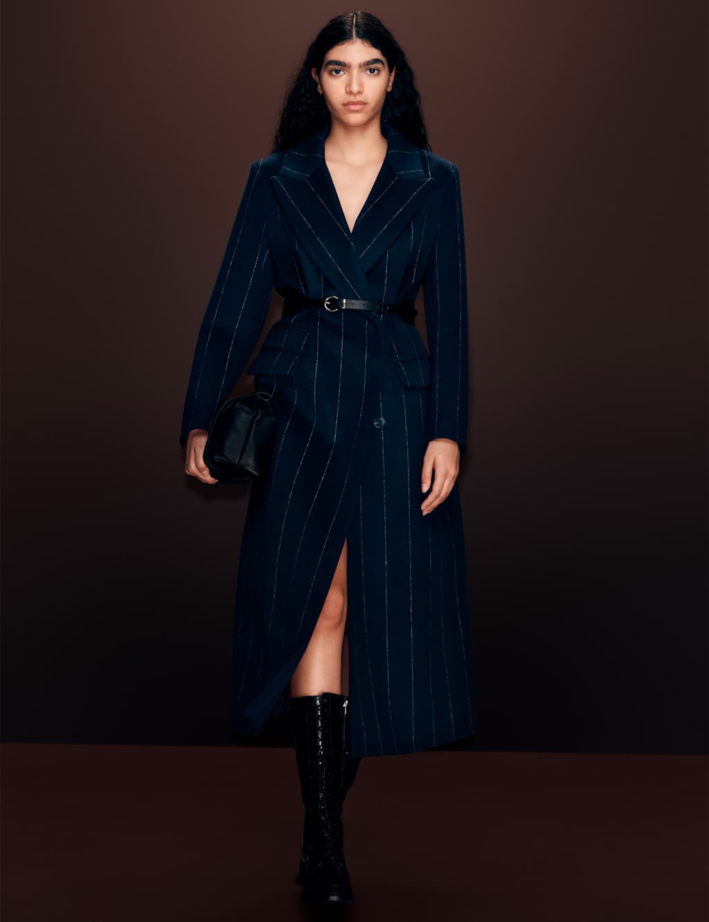 Autograph Wool Rich Double Breasted Longline Coat Dark Navy Mix