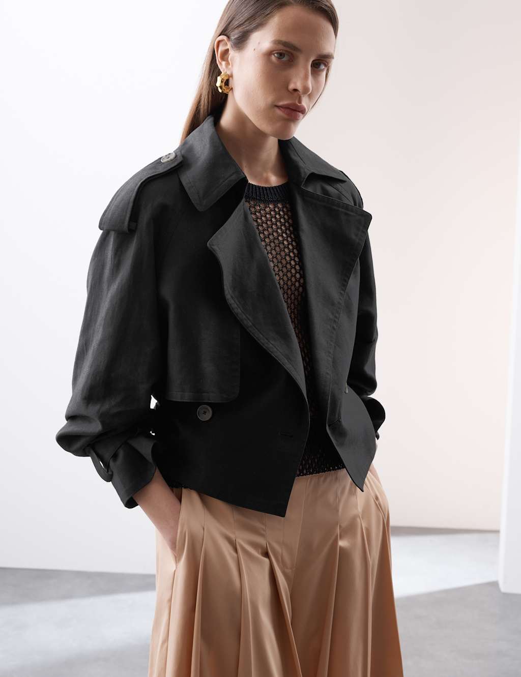 Linen Blend Cropped Trench Coat