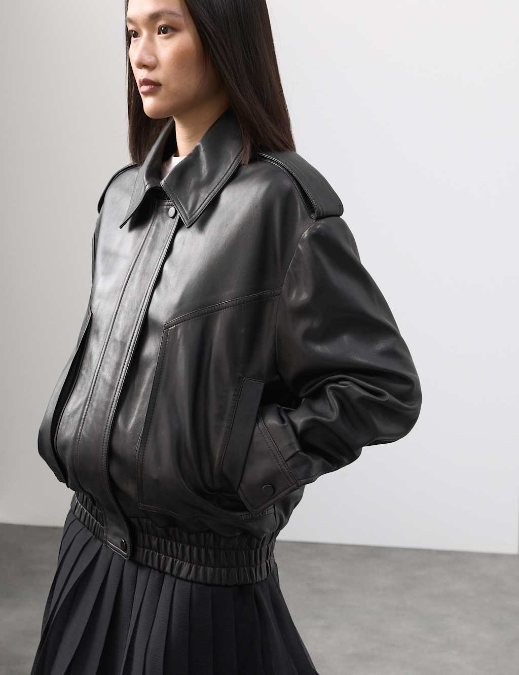 Autograph Leather Relaxed Harrington Jacket Black