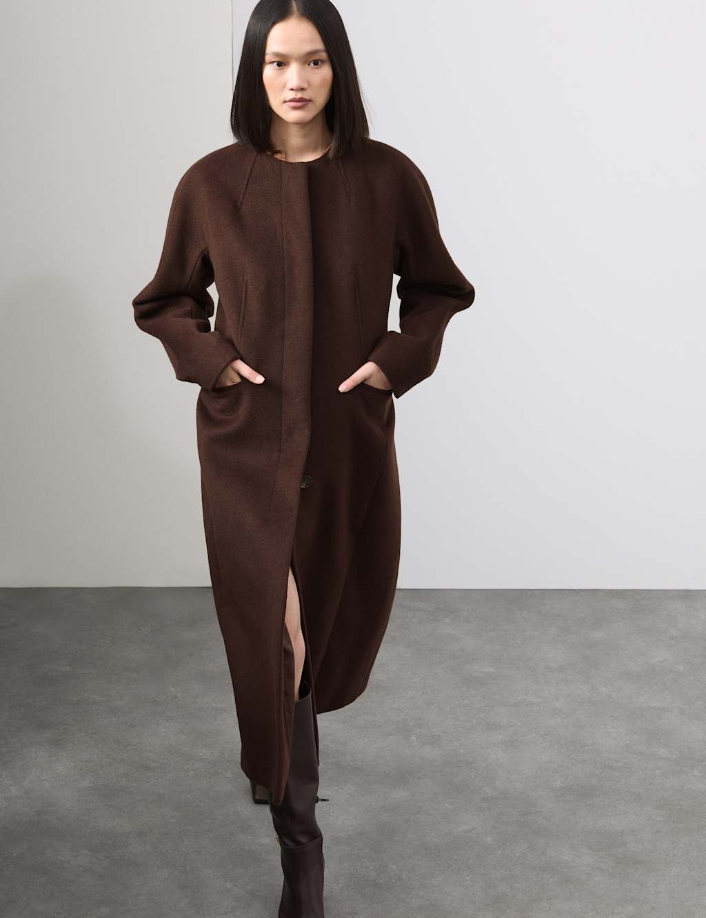 Autograph Wool Blend Collarless Longline Coat Chocolate