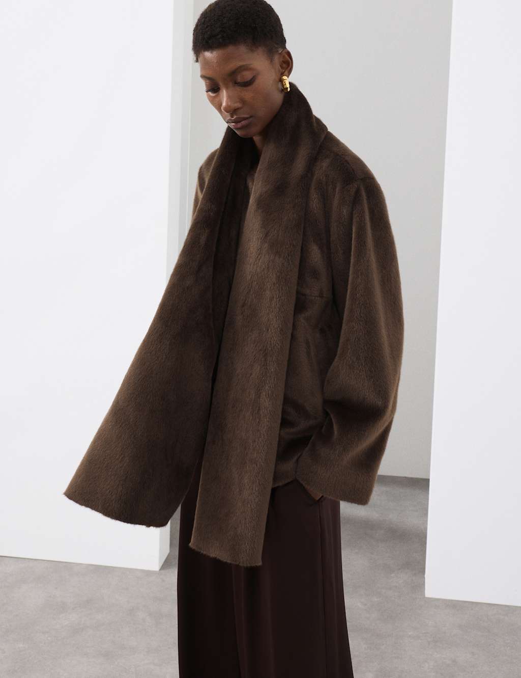 Autograph Faux Fur Detachable Scarf Coat Dark Chocolate