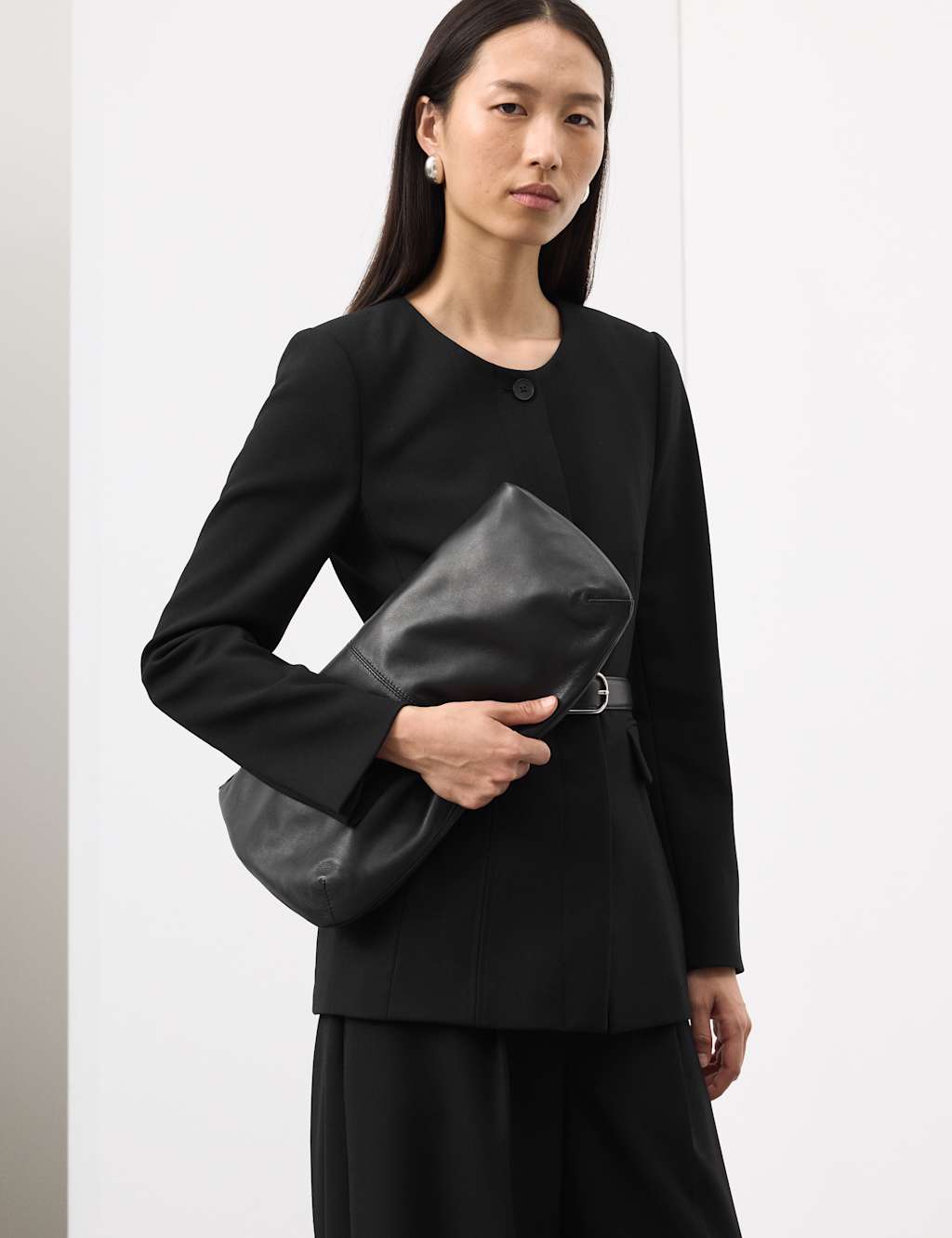 Autograph Collarless Longline Blazer with Wool Black