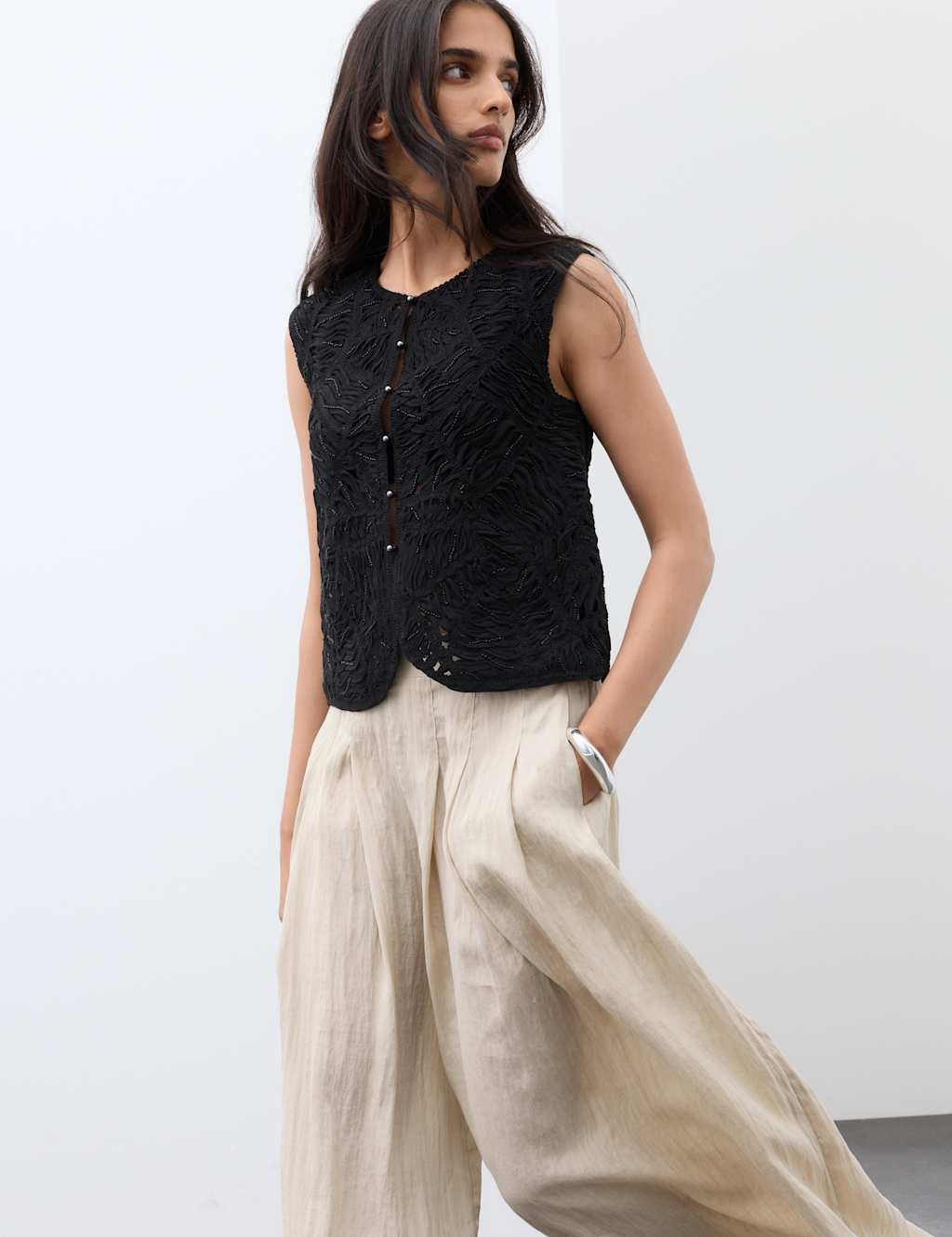 Autograph Women's Macrame Hand Beaded Waistcoat - Extra Small - Black
