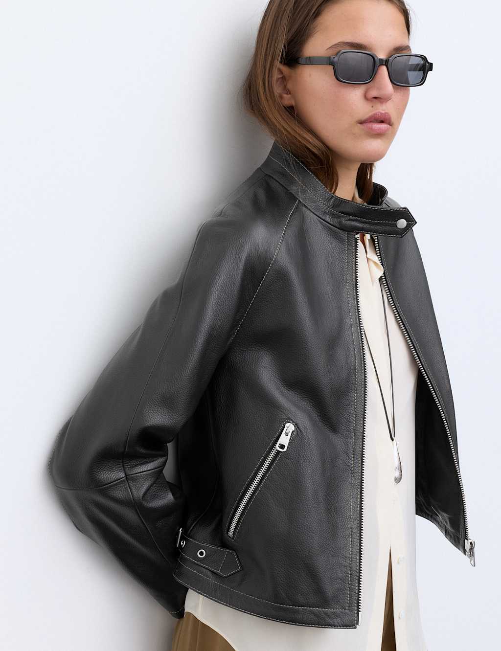 Autograph Women's Leather Collarless Cropped Biker Jacket - Small - Black