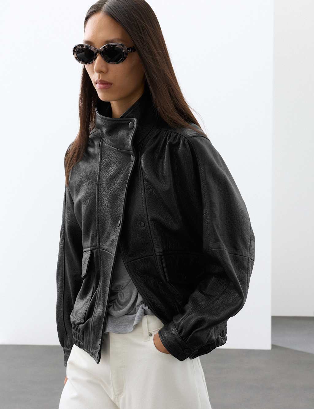 Autograph Women's Leather Funnel Neck Bomber Jacket - Medium - Black