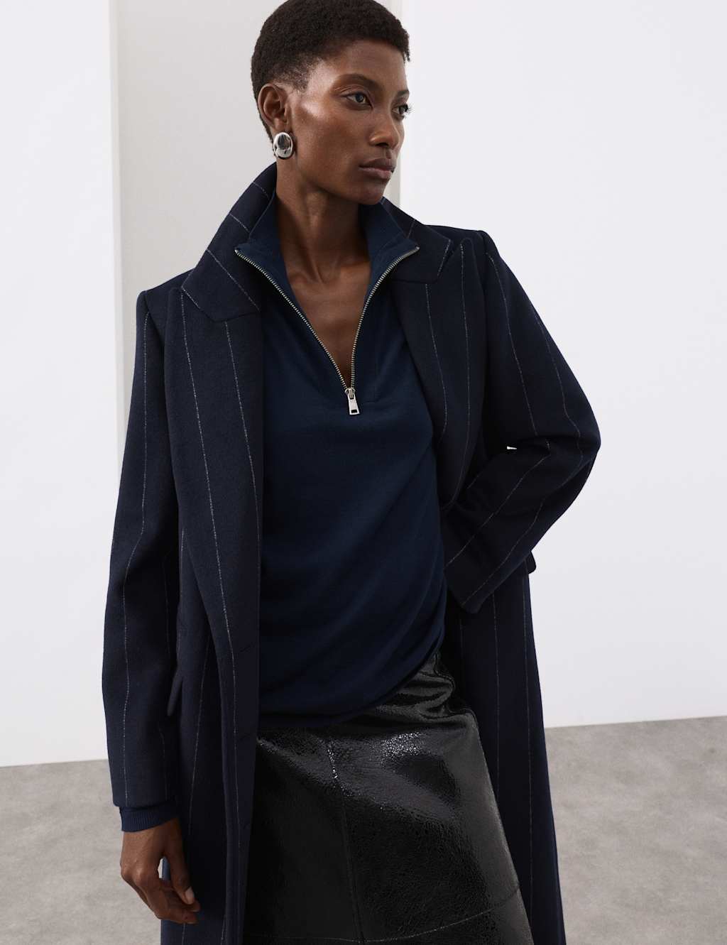 Autograph Pure Merino Wool Funnel Neck Half Zip Jumper Navy