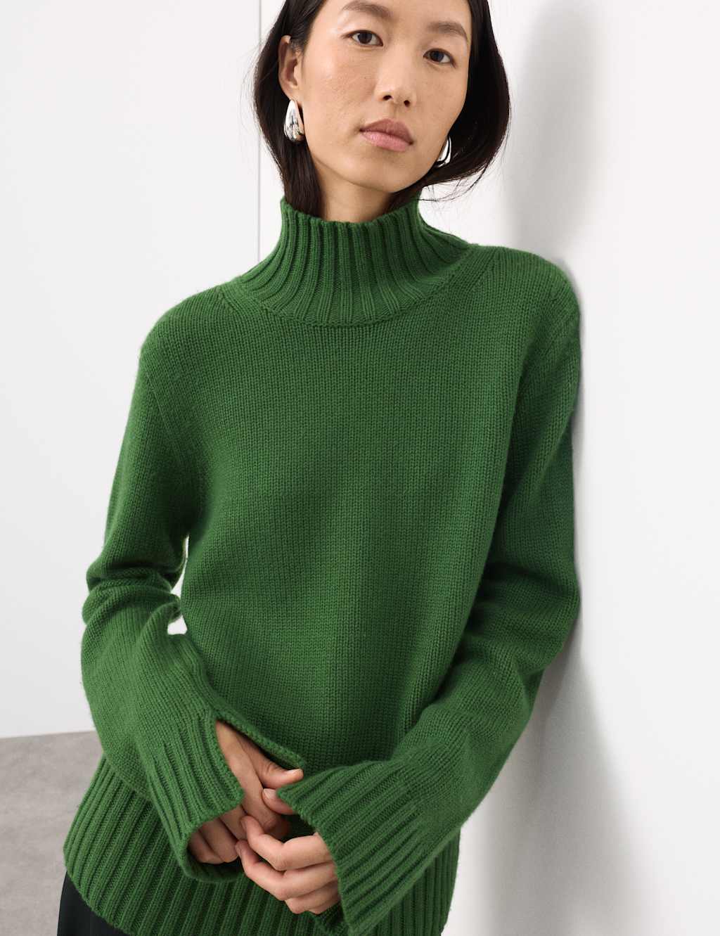 Autograph Ribbed Funnel Neck Jumper with Cashmere Forest Green