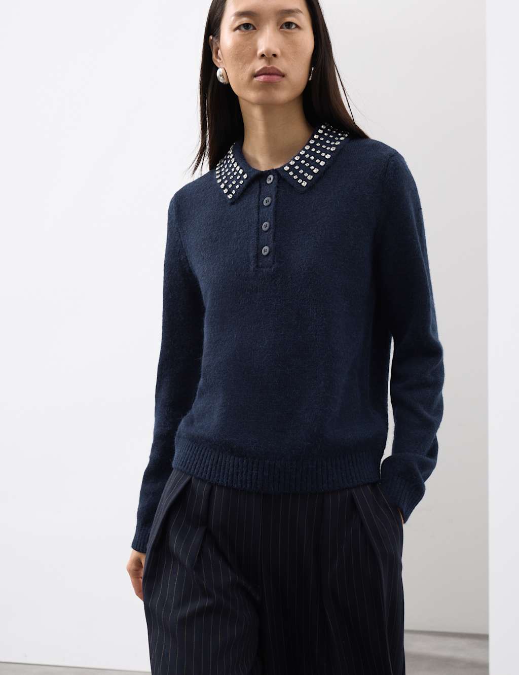 Autograph Embellished Polo Jumper with Wool Dark Navy