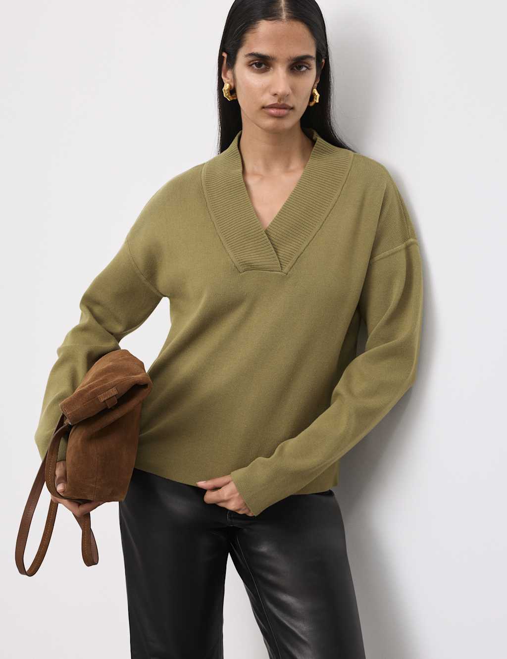 Autograph Women's Ribbed Cropped V-Neck Jumper - Extra Small - Khaki