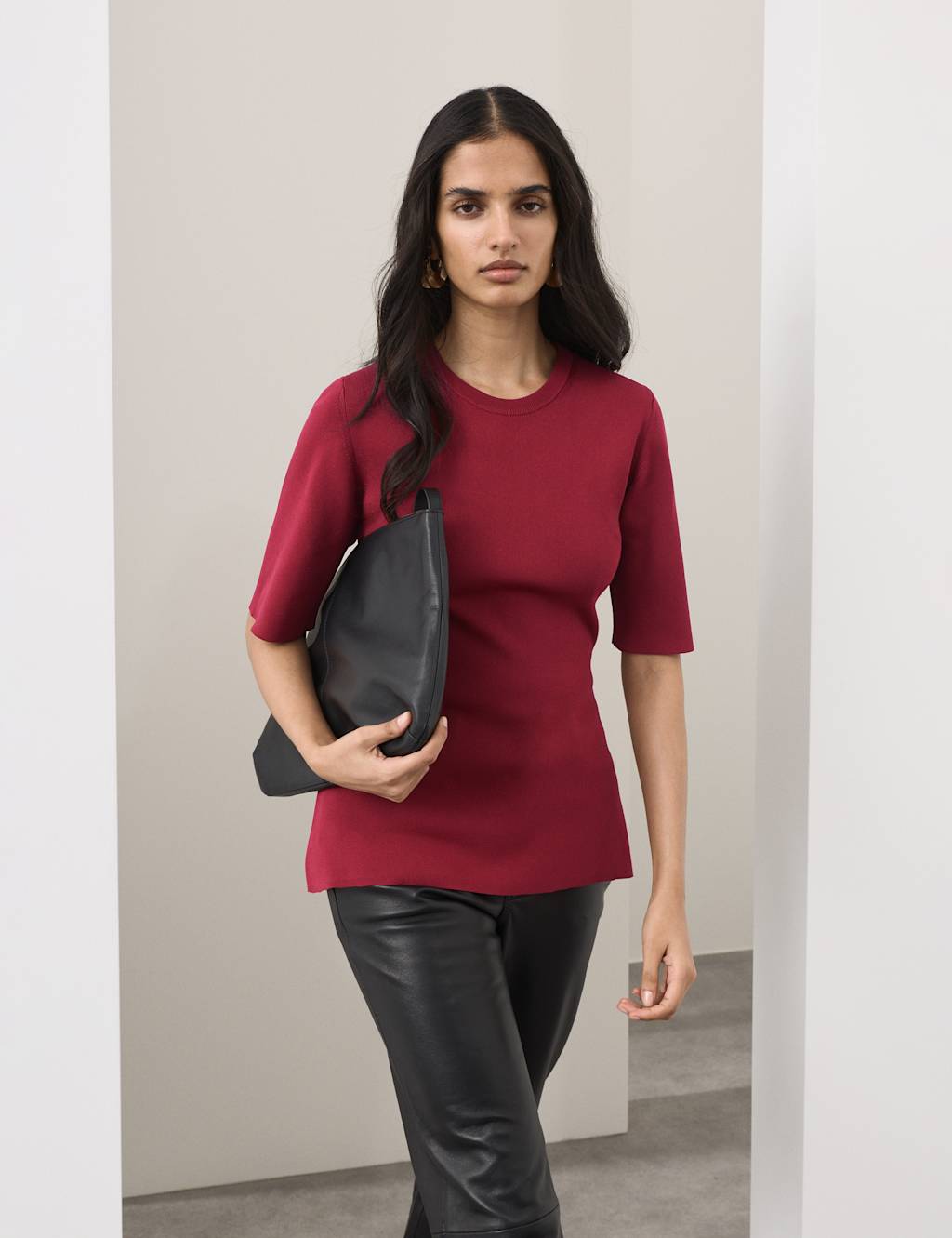 Autograph Women's Crew Neck Peplum Knitted Top - Large - Dark Cranberry
