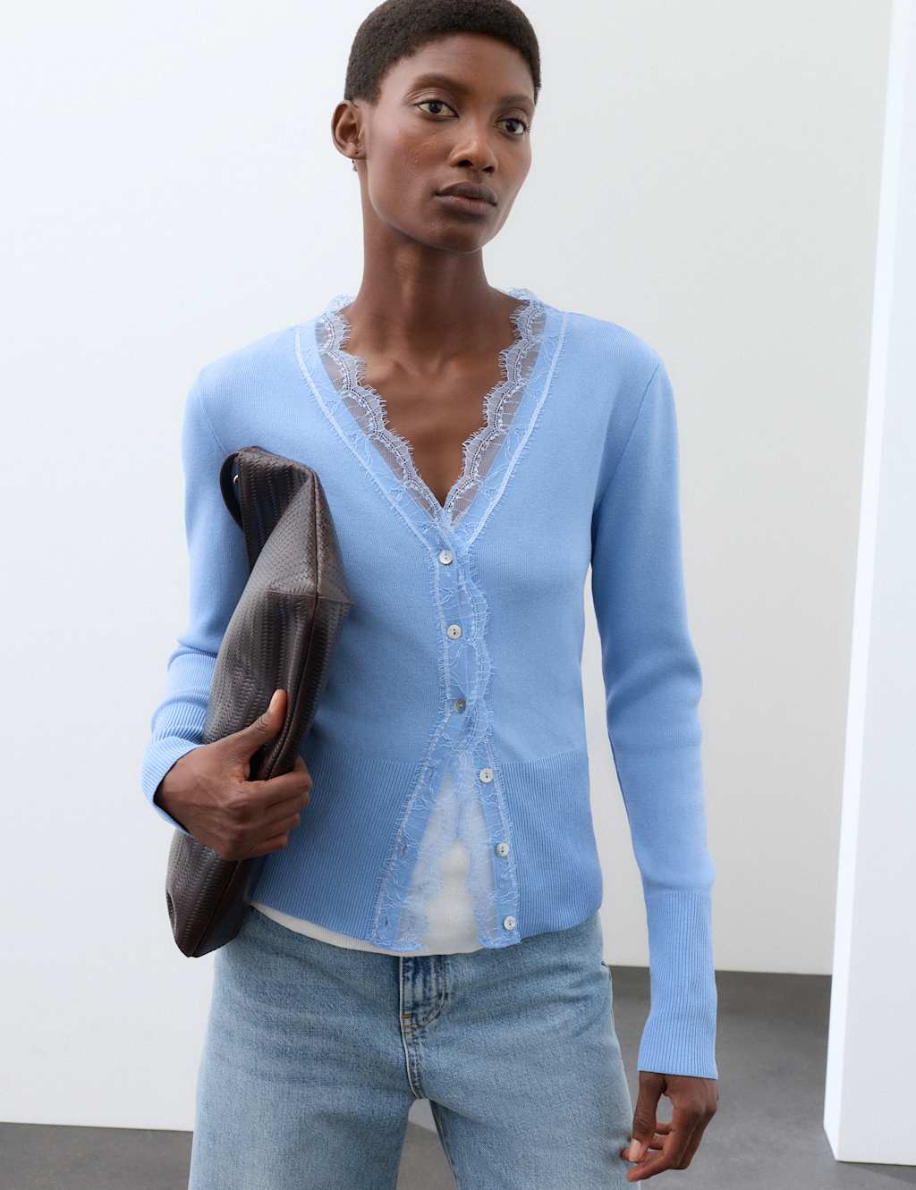 Autograph Women's V-Neck Button Front Lace Detail Cardigan - Medium - True Blue