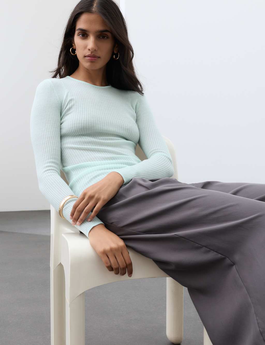 Autograph Women's Pure Merino Wool Ribbed Long Sleeve Top - Small - Pale Aqua