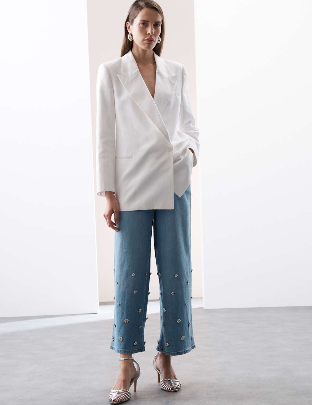 Denim High Waisted Embellished Wide Leg Jeans