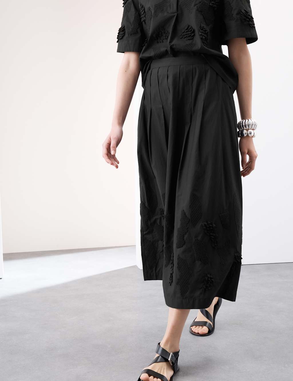 Pure Cotton Embroidered Midi A-Line Skirt