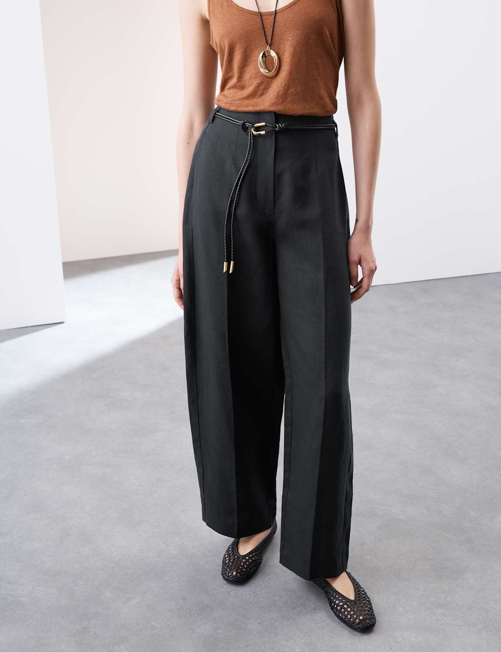 Autograph Linen Rich Belted Carrot Leg Trousers Black