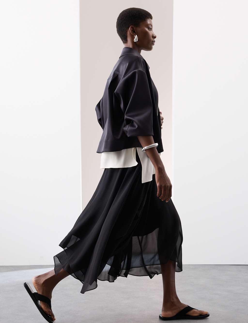 Autograph Layered Draped Midi A-Line Skirt Black