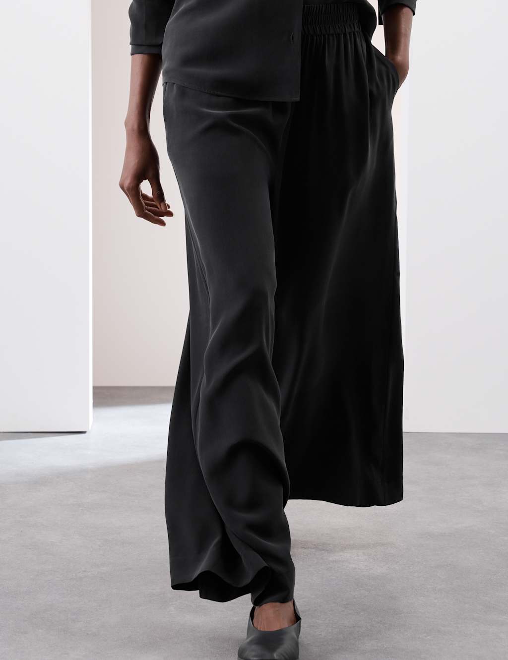Autograph Silk Pull On Wide Leg Trousers Black