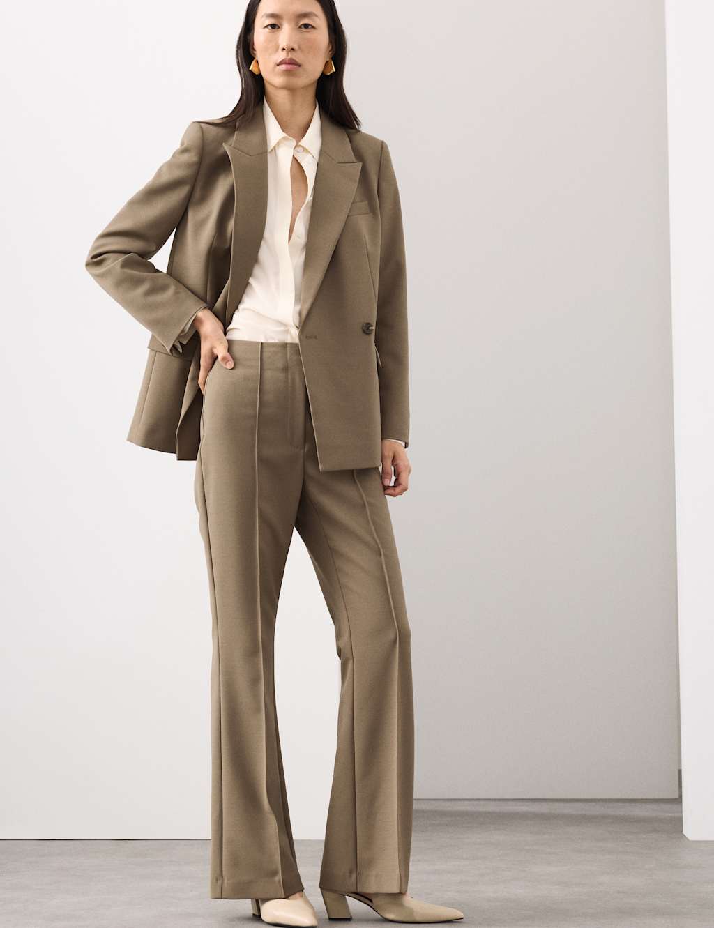 Autograph Wool Blend Seam Detail Flared Trousers Neutral