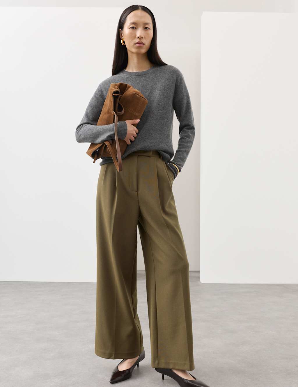 Autograph Women's Tailored Wide Leg Trousers with Wool - 12 - Moss