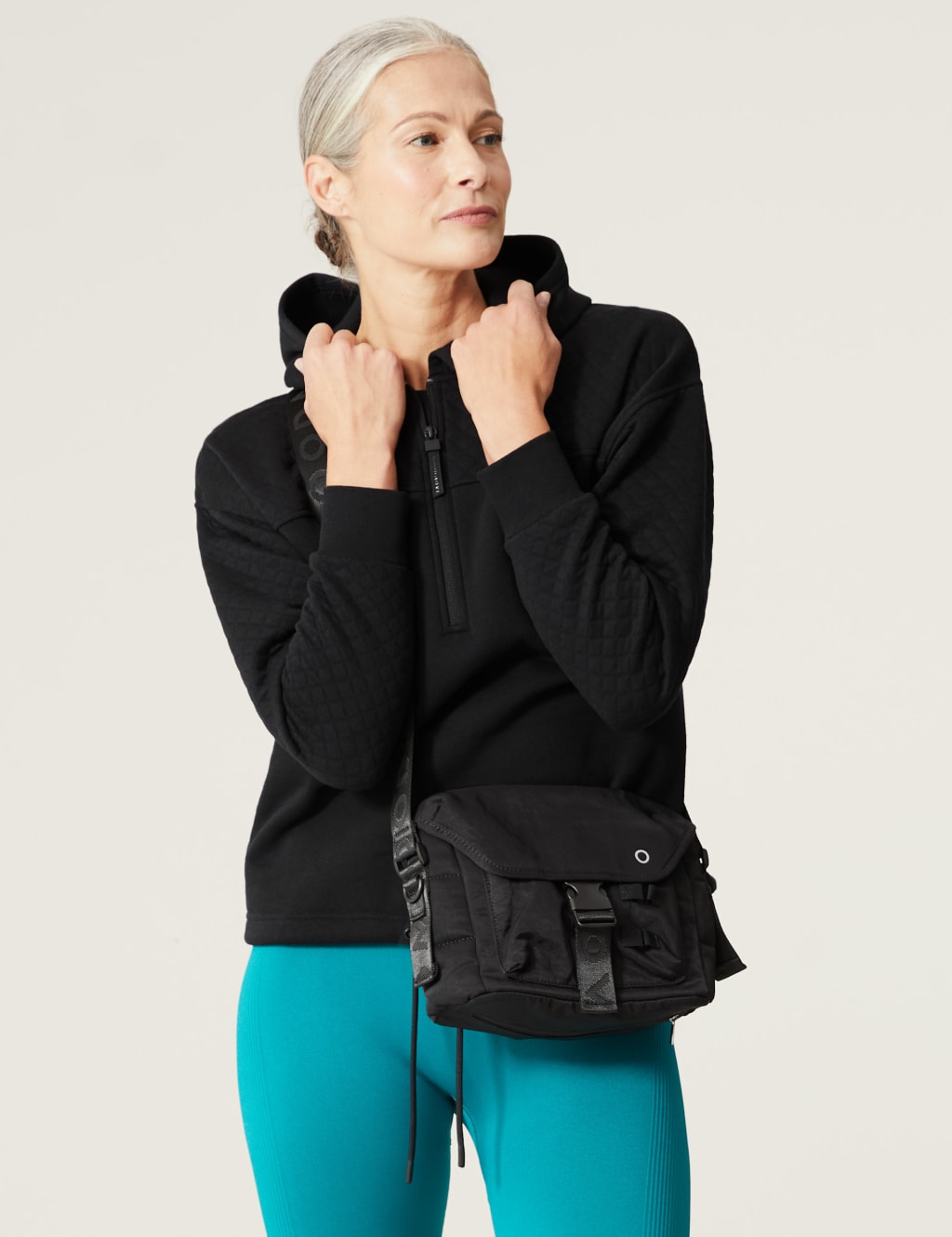 Goodmove Cotton Rich Quilted Half Zip Hoodie Black