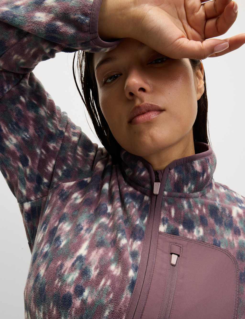 Goodmove Thermal Printed Zip Up Funnel Neck Fleece Light Pink Mix