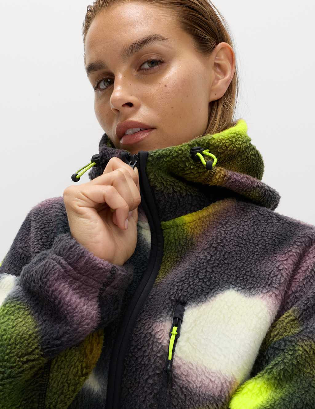 Goodmove Borg Zip Up Printed Longline Fleece Plum Mix