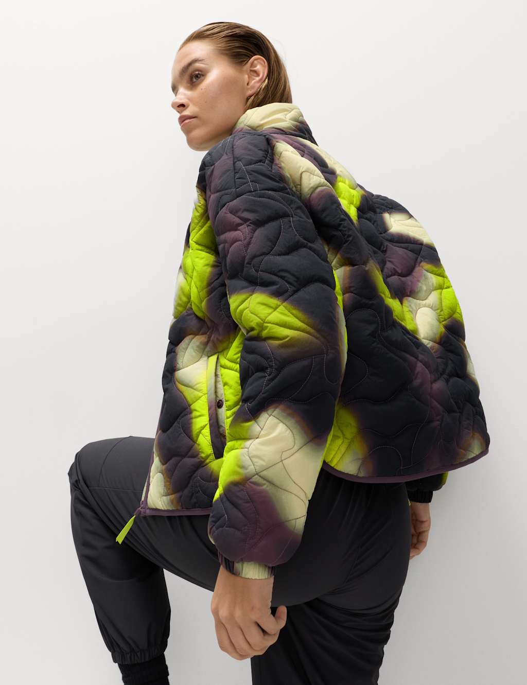 Goodmove Quilted Printed Funnel Neck Puffer Jacket Plum Mix