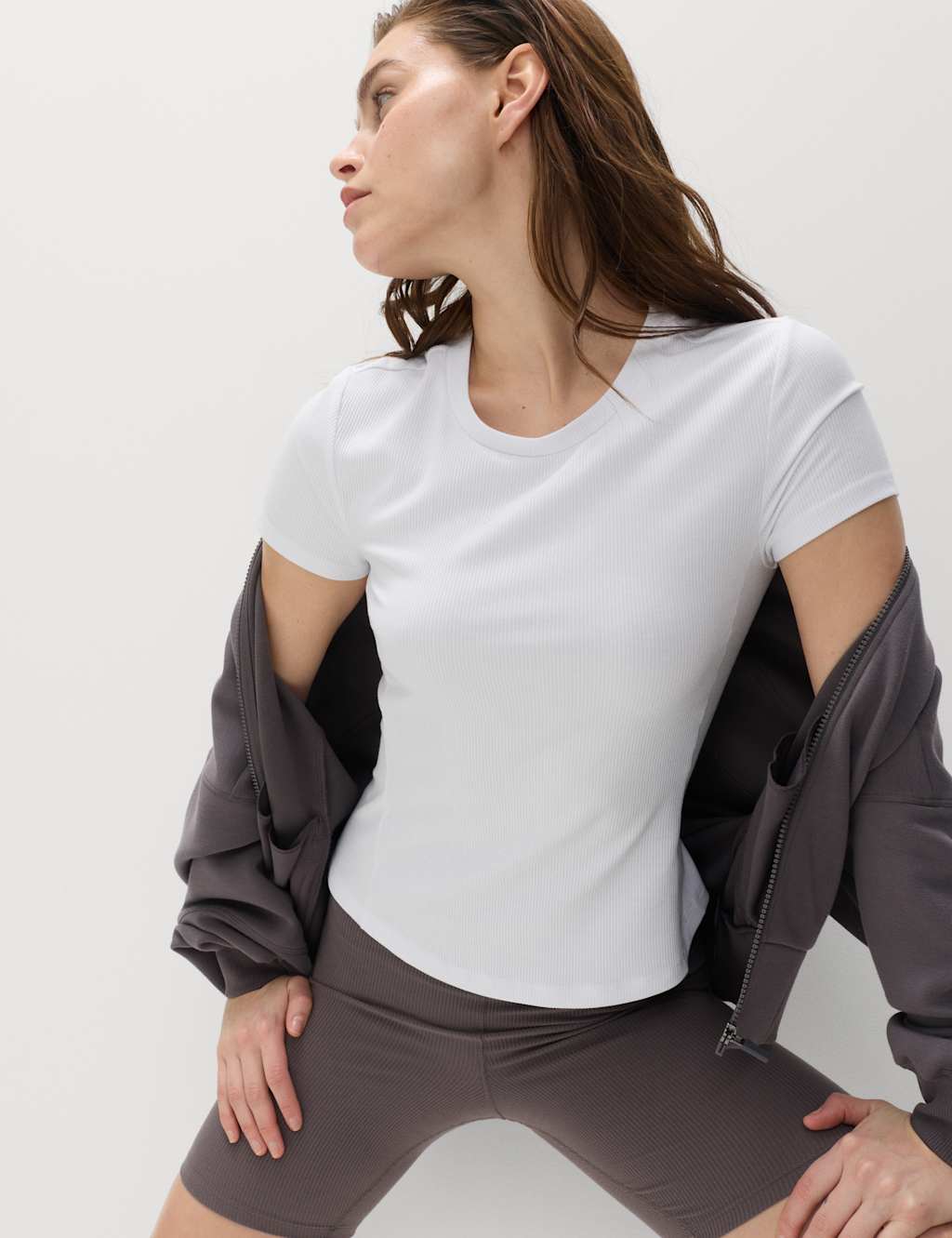 Goodmove Women's Modal Rich Rib Round Neck Fitted T-Shirt - 16 - White