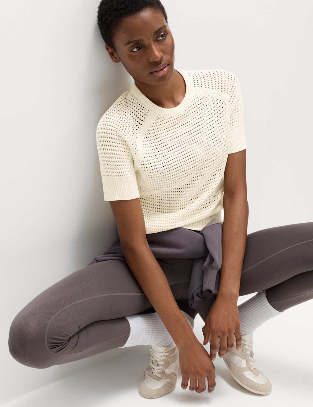 Goodmove Women's Open Knit Crew Neck Top - Extra Small - Vanilla