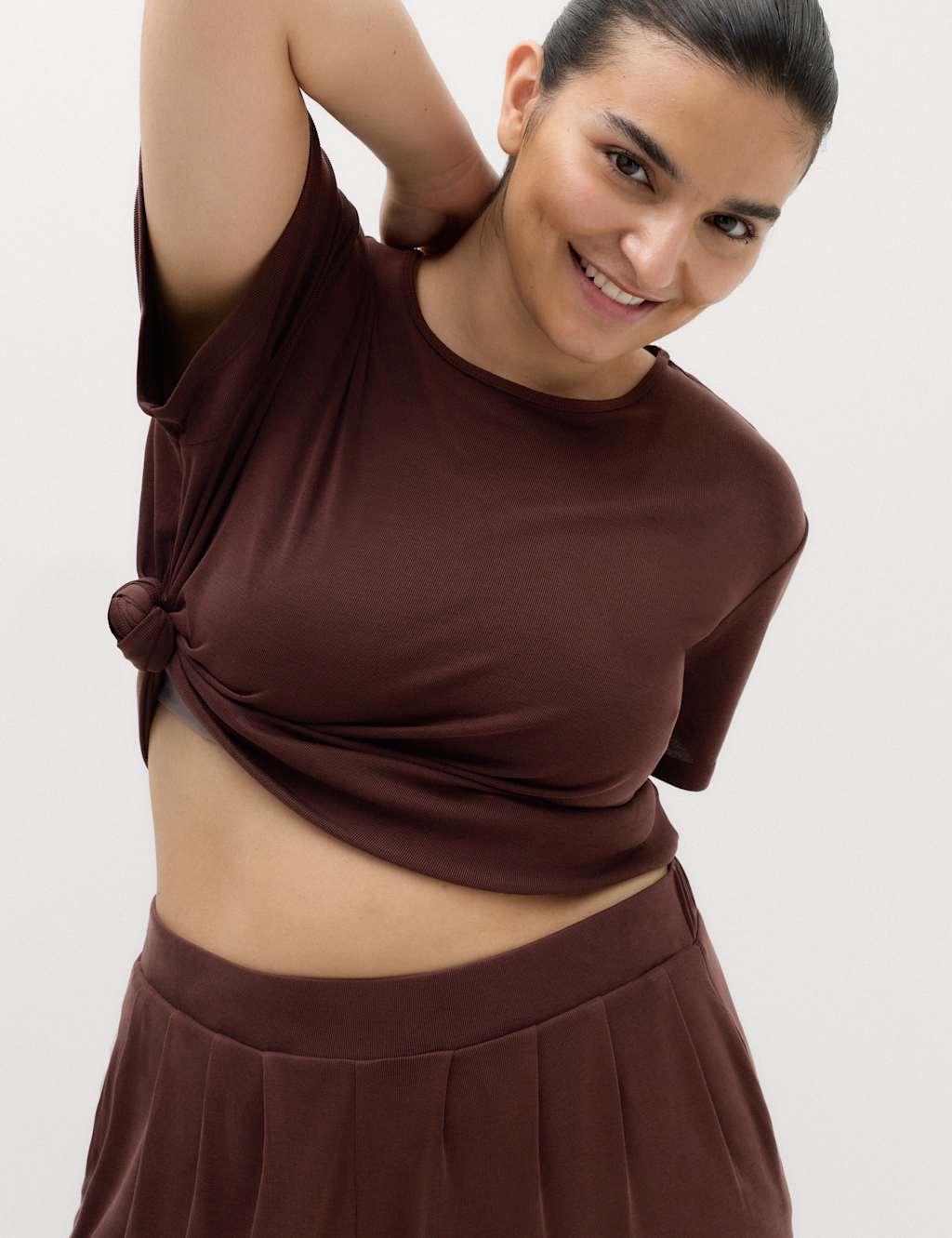 Goodmove Women's Modal Rich Round Neck Boxy T-shirt - 20 - Dark Chocolate