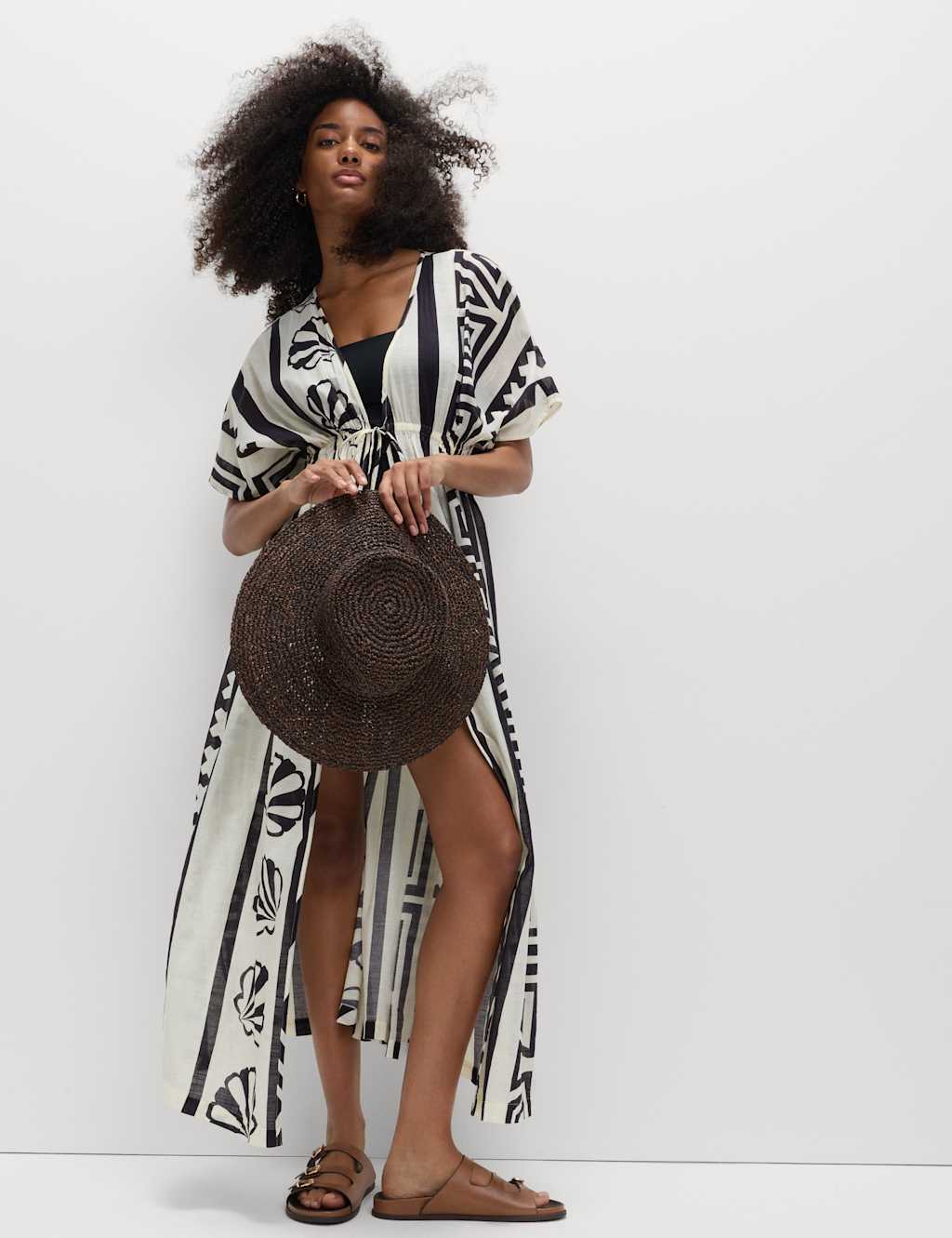 M&S Women's Pure Cotton Shell Print Maxi Kaftan - Medium - Black Mix