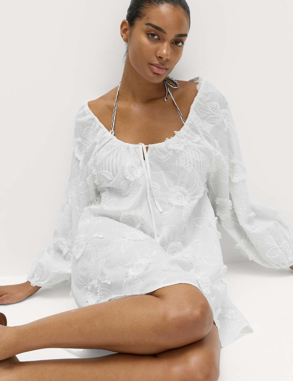 M&S Women's Pure Cotton Textured Midi Beach Dress - Small - Soft White