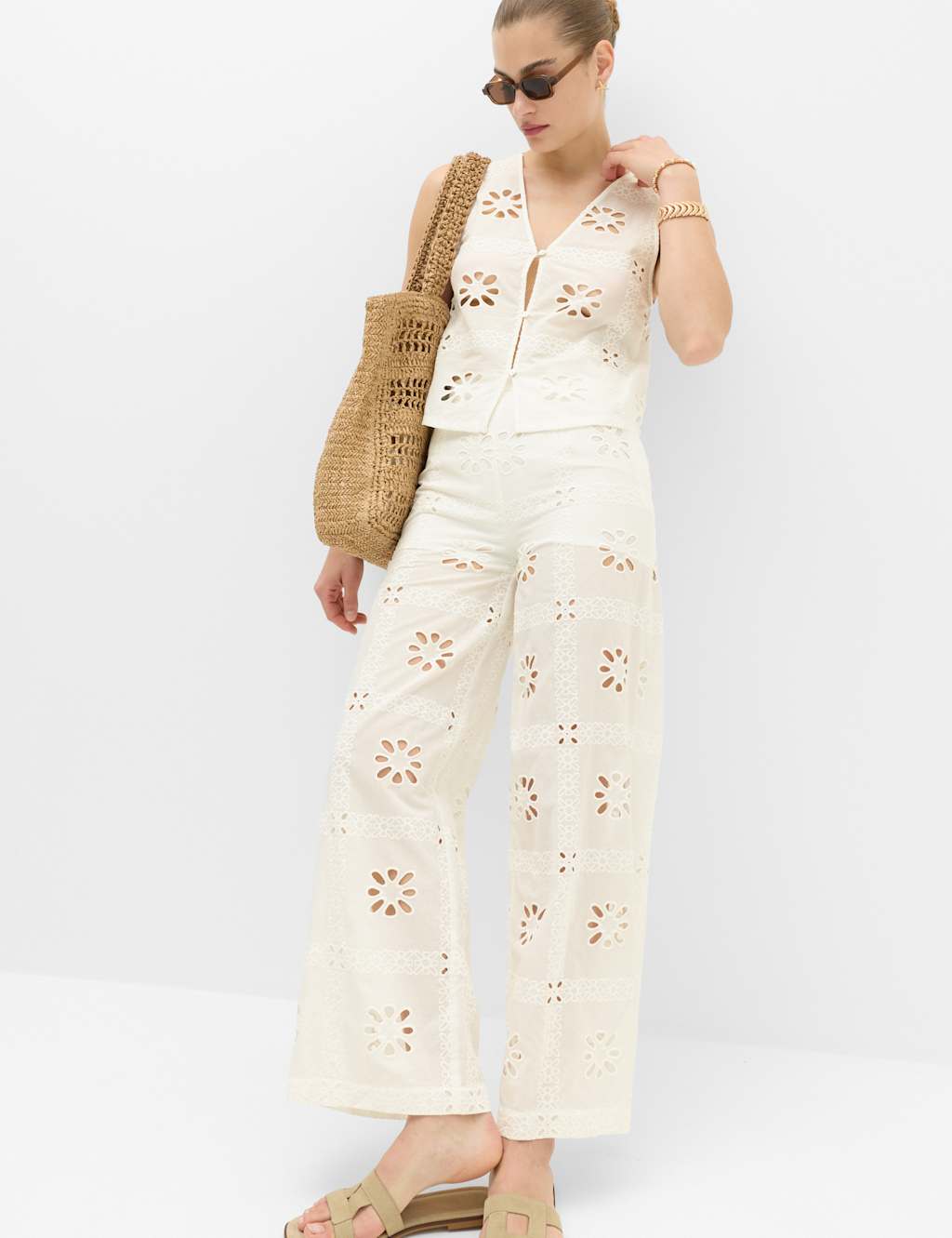 M&S Women's Pure Cotton Cutwork Beach Trousers - 10 - Soft White