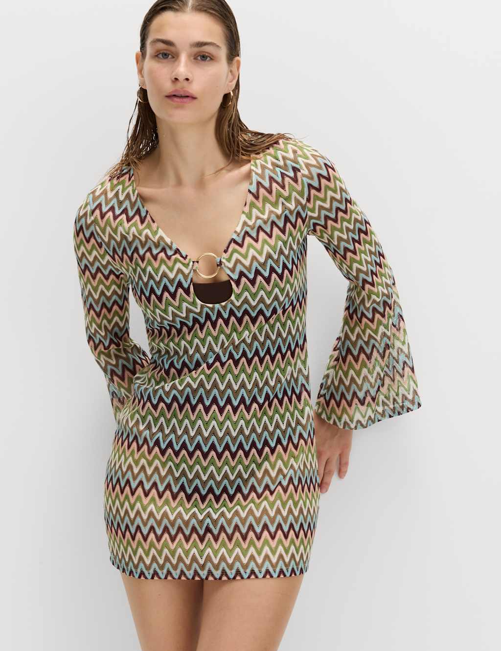 M&S Women's Textured V-Neck Mini Beach Dress - 12 - Multi