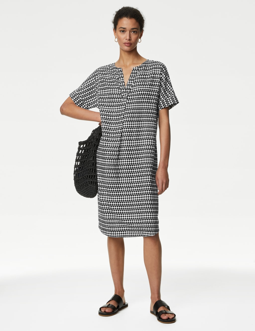 M&S Linen Rich Printed V-Neck Shift Dress Black Mix