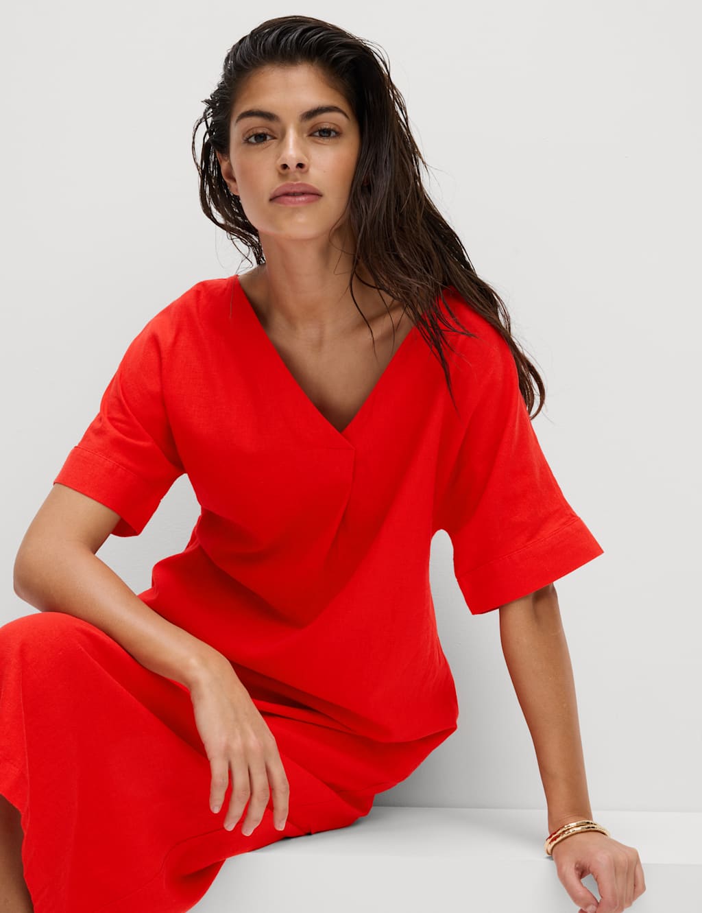 Linen Rich V-Neck Popover Midi Dress