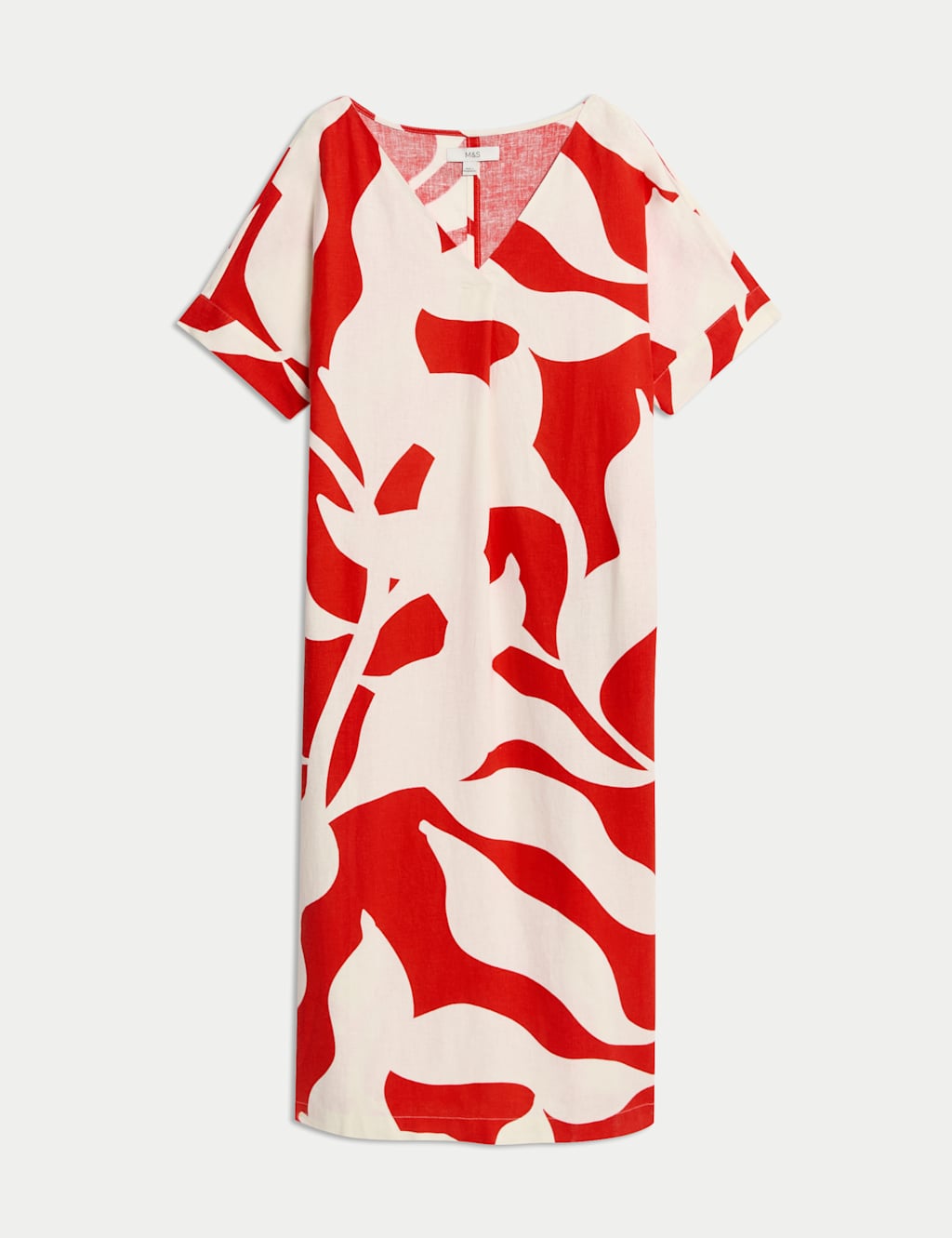 Linen Rich Printed V-Neck Midi Shift Dress
