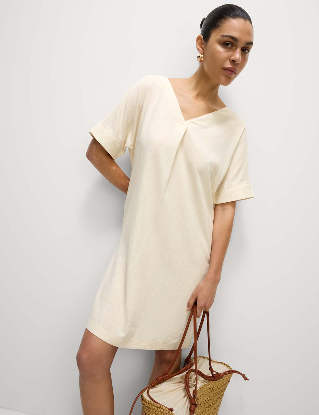 Linen Rich V-Neck Mini Shift Dress