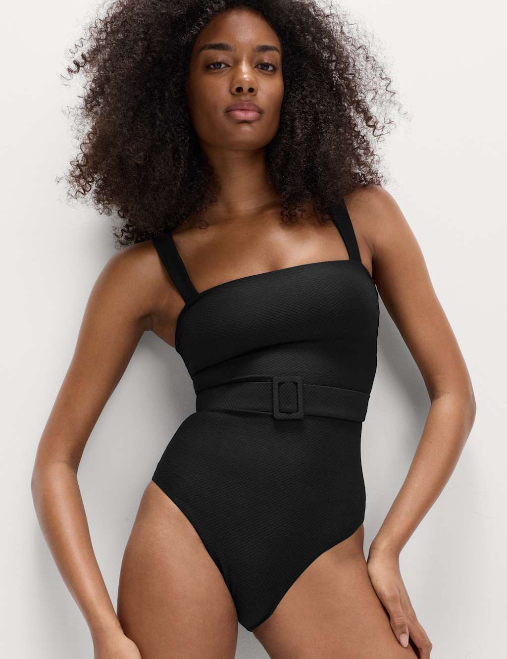 M&S Women's Tummy Control Honey Comb Textured Belted Swimsuit - 12 - Black